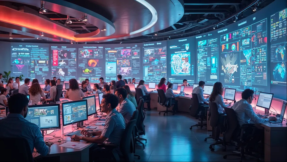 Profissionais a gerir redes sociais num escritório